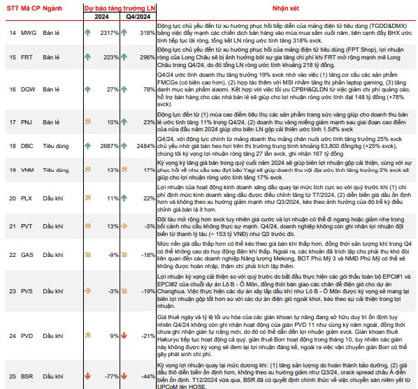 Dự báo lợi nhuận Q4/2024 của 54 DN: Công ty 'nhà' ông Phạm Nhật Vượng tăng hơn 1.700%, Thế giới di động, Vietjet, FPT Retail tăng 300-600%- Ảnh 3.