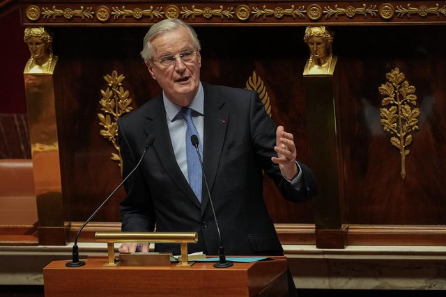 French Prime Minister Michel Barnier speaks during a debate on no-confidence motions against the government at the National Assembly in Paris, France, on Dec. 4, 2024. (Photo by Aurelien Morissard/Xinhua)