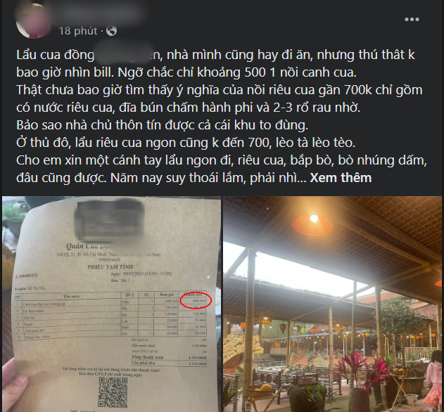 Nồi lẩu cua đồng không kèm đồ nhúng giá 690k ở Hà Nội: Một khách sốc nặng đăng bill than thở, dân mạng bất ngờ 