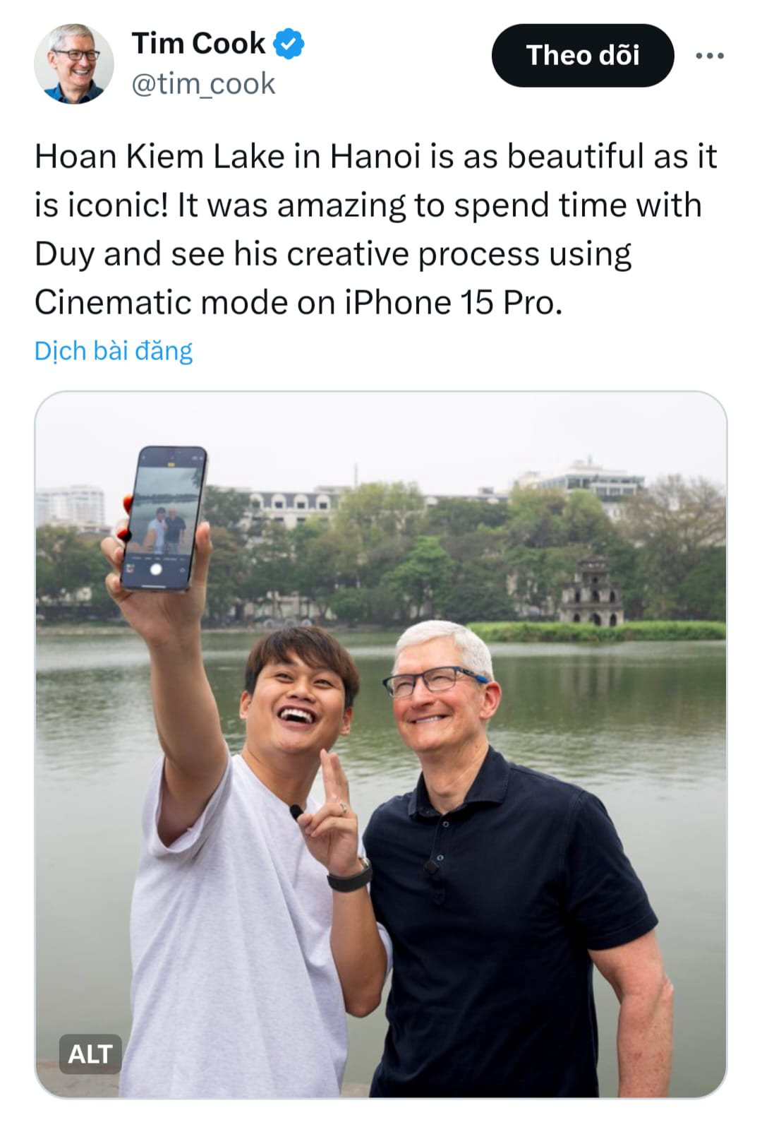 Chàng trai 9X vừa ‘check-in’ Hồ Hoàn Kiếm cùng Tim Cook: Idol TikTok 7,5 triệu follow, từng được Apple mời sang Mỹ tham dự sự kiện ra mắt iPhone 15- Ảnh 2.