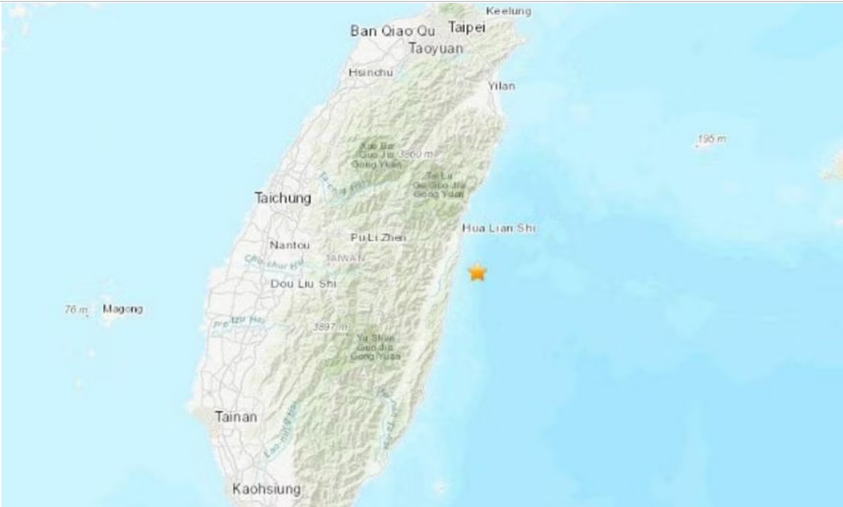 Vị trí của vụ động đất gần Đài Loan (Trung Quốc) ngày 3-4. Ảnh: USGS