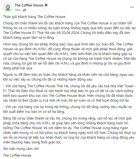 The Coffee House thông báo đã 