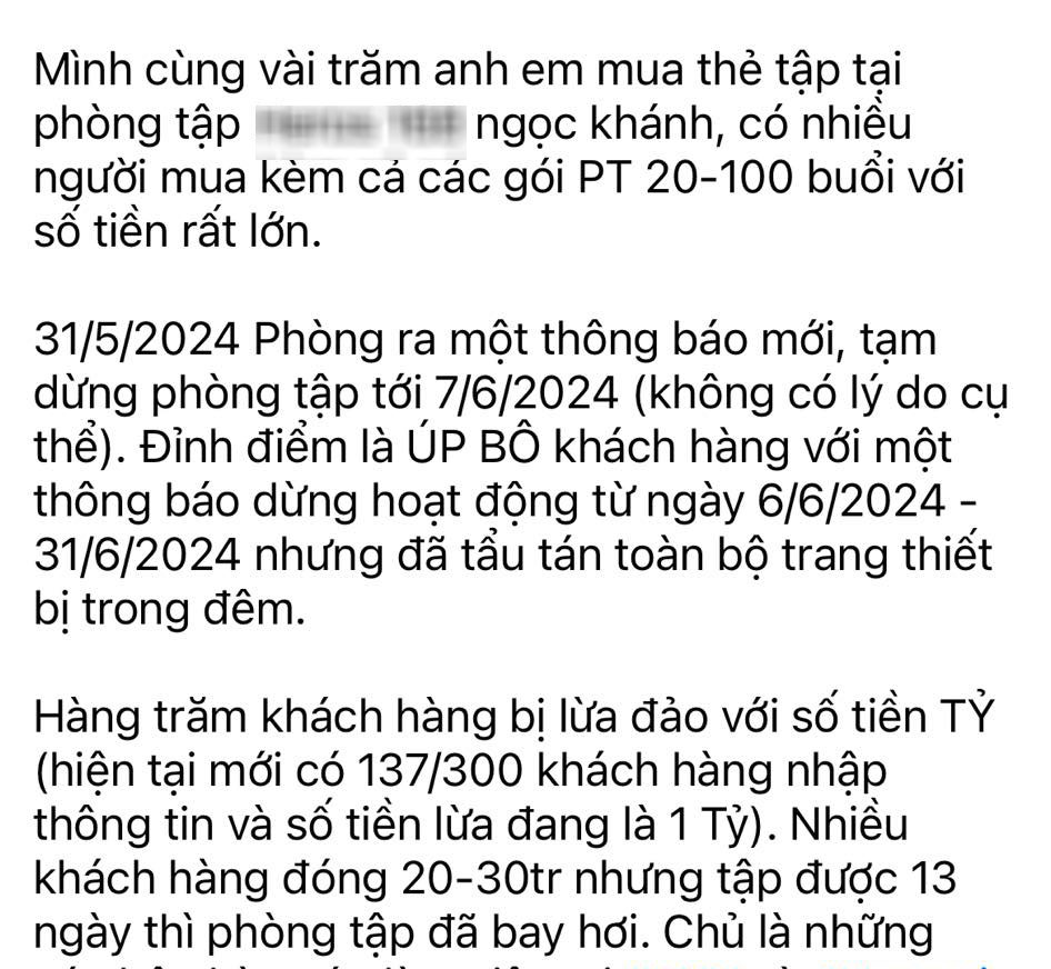 Một phòng gym 4 sao tại Hà Nội bị tố lừa đảo, hội viên mất không 32 triệu còn bị chủ trả treo: 