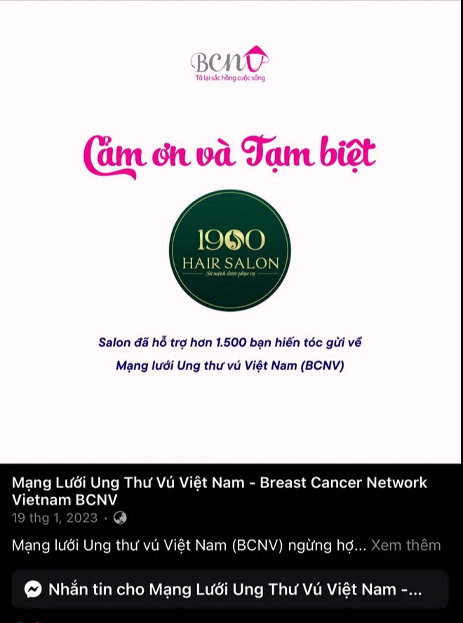 Mạng lưới ung thư vú Việt Nam đã dừng hợp tác với 1900 Hair Salon từ đầu năm 2023- Ảnh 1.