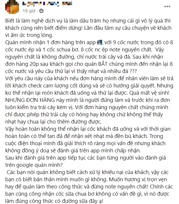 Chủ quán nước ép ấm ức lên mạng 