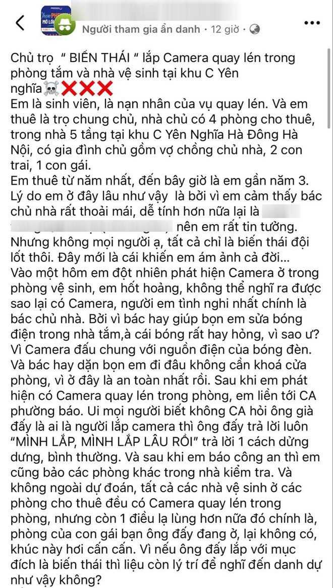 Sốc: Thêm vụ chủ trọ tại Hà Nội lắp camera quay lén trong phòng tắm nữ sinh suốt 2 năm, thản nhiên thừa nhận 