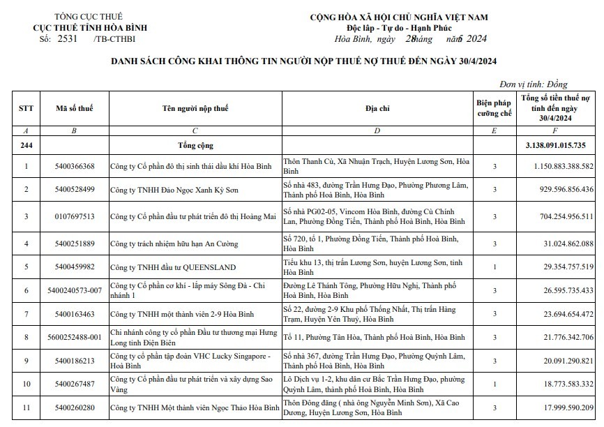 Hòa Bình: Công khai danh sách 244 doanh nghiệp nợ thuế, số tiền hơn 3.138 tỷ đồng- Ảnh 1.