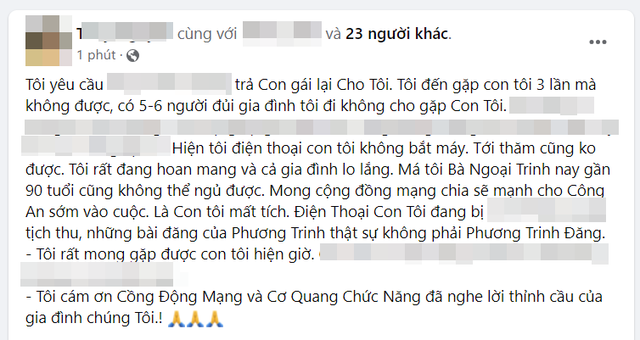Mẹ ruột Angela Phương Trinh: Con tôi mất tích, điện thoại đang bị tịch thu, những bài đăng thật sự không phải Phương Trinh đăng- Ảnh 1.