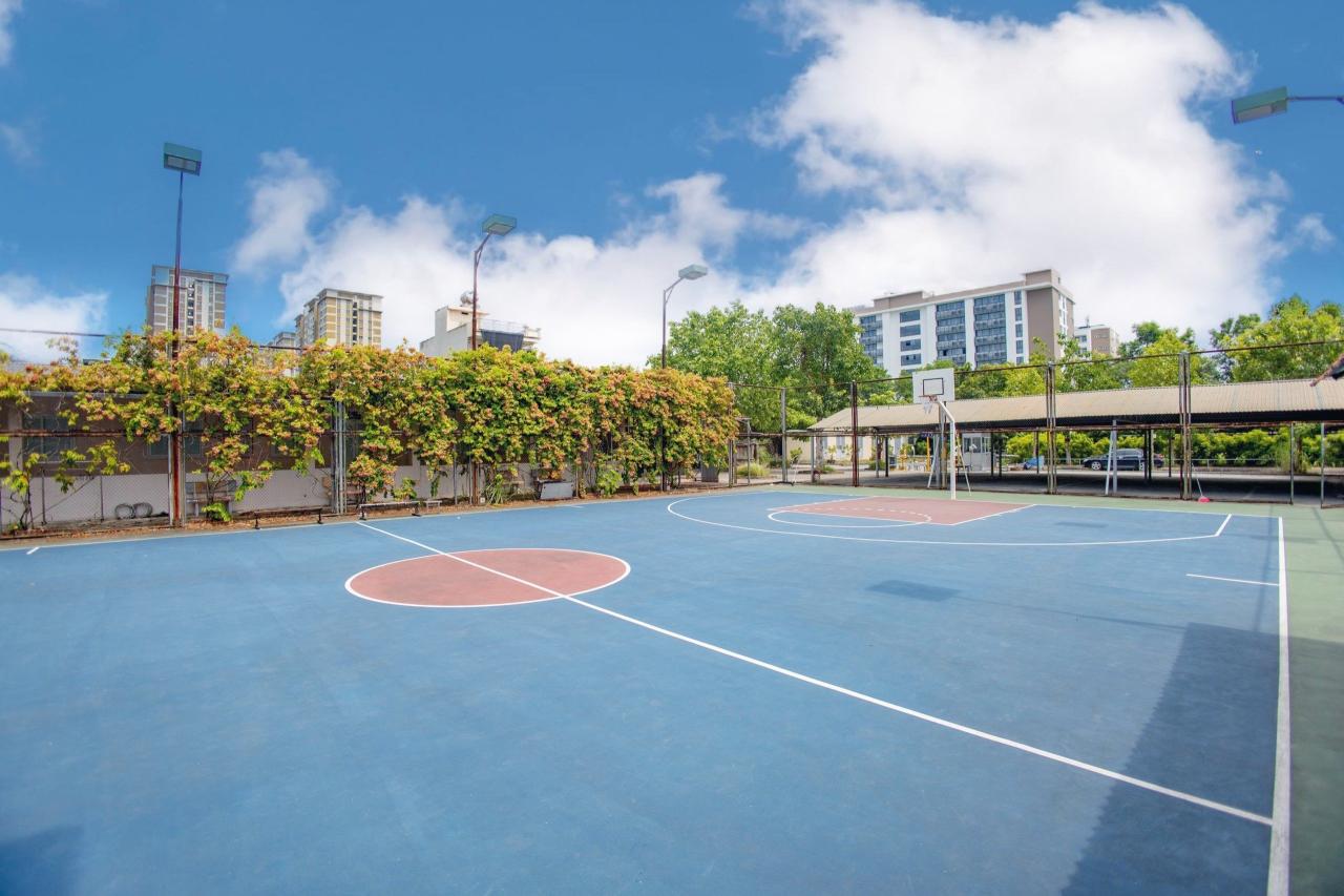 A basketball court with buildings in the background  Description automatically generated