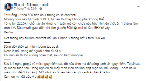 Lên mạng khoe cách ăn uống tiết kiệm chỉ hết 1,3 triệu/tháng, cô gái nhận cảnh báo 