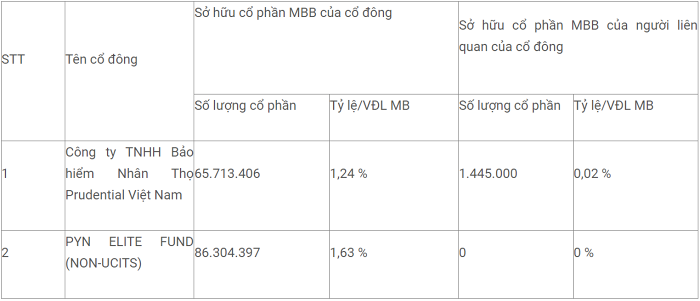 Danh sách 'tay to' nắm giữ lượng lớn cổ phiếu MB dần lộ diện: 1 công ty bảo hiểm sở hữu 1,24% vốn ngân hàng, 1 quỹ ngoại nắm giữ 86,3 triệu cổ phiếu- Ảnh 1.