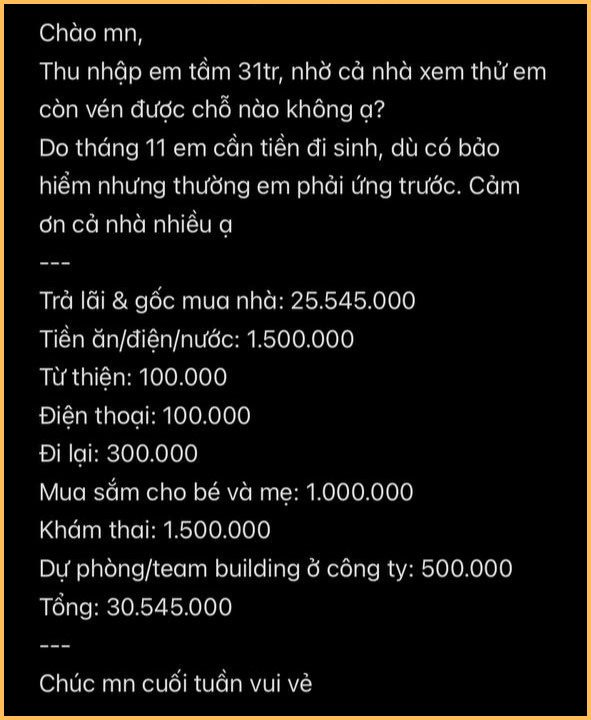 Bảng chi tiêu khiến CĐM “rùng mình”: Tiền trả nợ chiếm 82% thu nhập, đang có bầu nhưng tiền ăn cả tháng chỉ 1,5 triệu quay đầu- Ảnh 2.