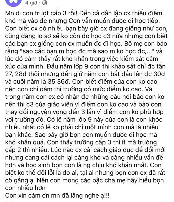 Trượt tất cả nguyện vọng vào lớp 10, sĩ tử Hà Nội viết vài dòng tâm sự khiến ai cũng rưng rưng: 