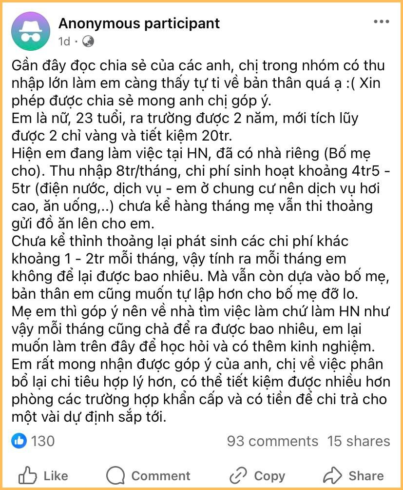 23 tuổi lương 8 triệu, không mất tiền thuê nhà vẫn chẳng tiết kiệm nổi: Cô gái được CĐM khuyên “còn trẻ đừng quá đặt nặng việc tiết kiệm”- Ảnh 1.