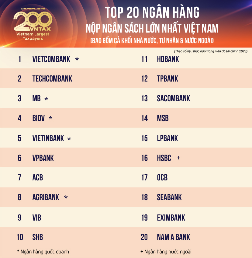 Công bố Top 20 ngân hàng nộp ngân sách lớn nhất thuộc danh sách VNTAX 200: Gồm cả khối nhà nước, tư nhân, nước ngoài- Ảnh 2.