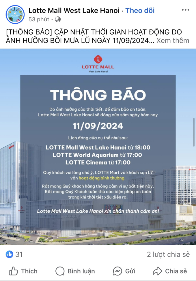 Một loạt cửa hàng tại Lotte Mall Tây Hồ và Aeon Mall Long Biên thông báo đóng cửa sớm vì ảnh hưởng của lũ lụt- Ảnh 2.