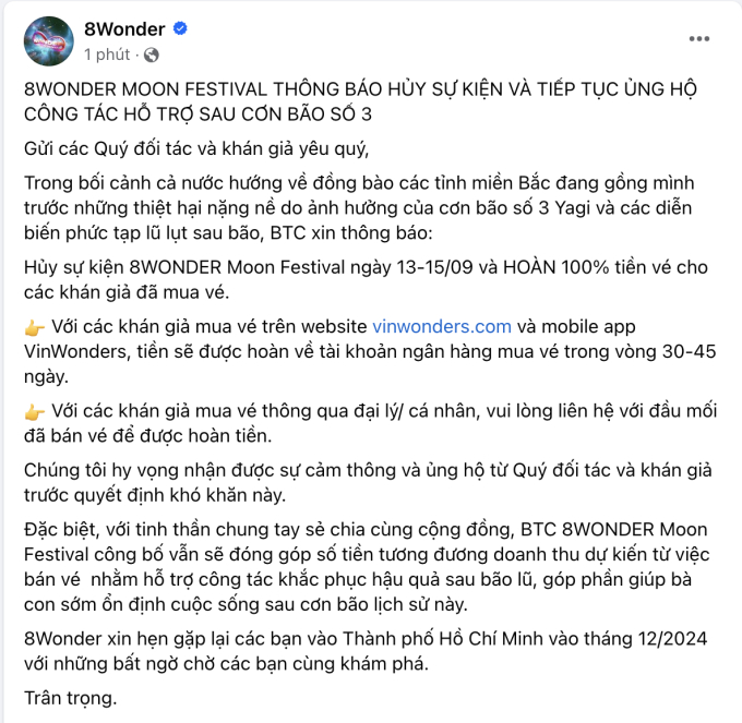 BTC 8WONDER Moon Festival thông báo hủy sự kiện, hoàn 100% tiền vé và tiếp tục ủng hộ công tác hỗ trợ mùa bão lũ- Ảnh 1.