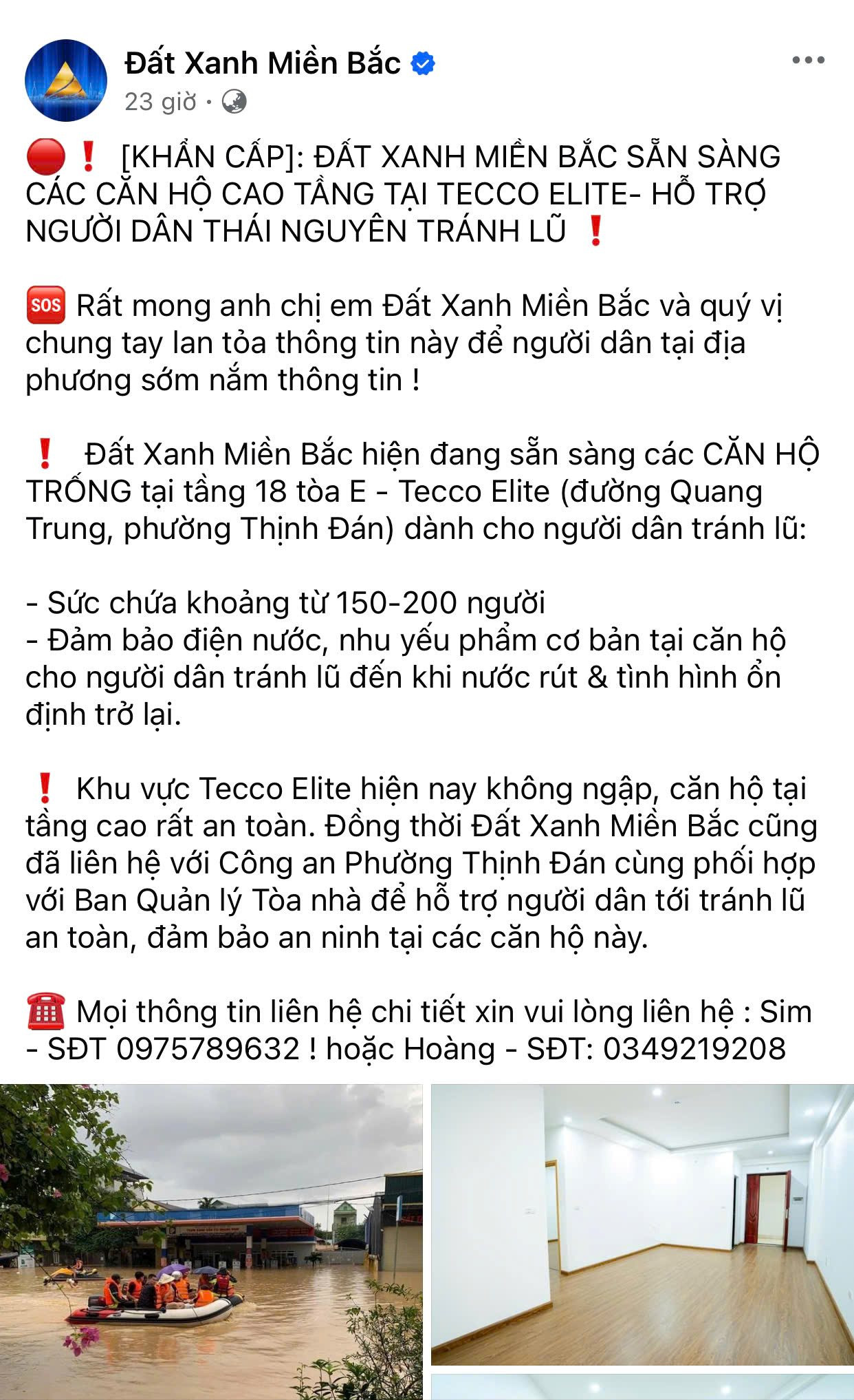 Đất Xanh Miền Bắc dành các căn hộ trống tại dự án Tecco Elite Thái Nguyên hỗ trợ người dân tránh lũ, sức chứa lên tới 200 người- Ảnh 1.