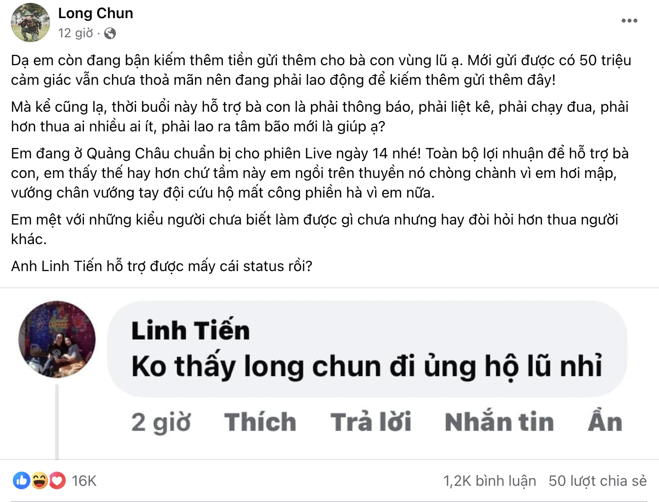 Bị hỏi ‘Không thấy Long Chun đi ủng hộ lũ nhỉ?”, hot TikToker có màn đáp trả cực thú vị, tiết lộ số tiền ủng hộ khiến ai cũng dành lời khen!- Ảnh 1.