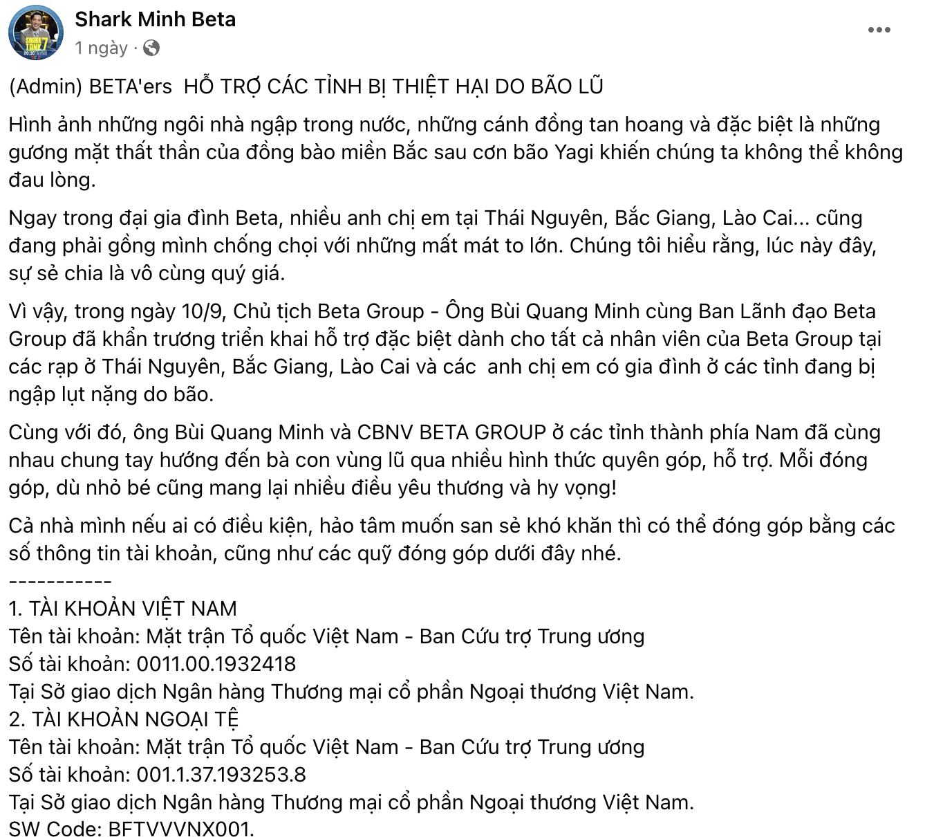 Nhiều 'cá mập' 'sếp lớn' ủng hộ đồng bào vùng lũ: CEO Dh Foods gửi 100 triệu đồng, ngó qua vợ chồng Shark Bình còn sững sờ hơn!- Ảnh 3.