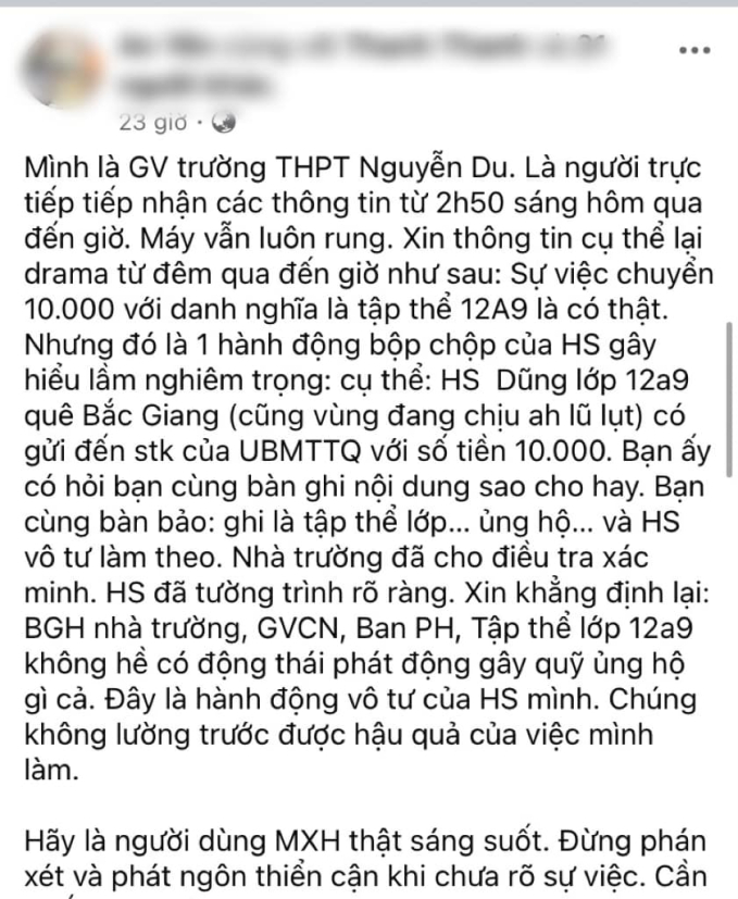 Giáo viên của 1 trường THPT bỗng bị "ném đá" ăn chặn tiền từ thiện bão lũ: Sự thật khiến CĐM rối rít xin lỗi!- Ảnh 2.