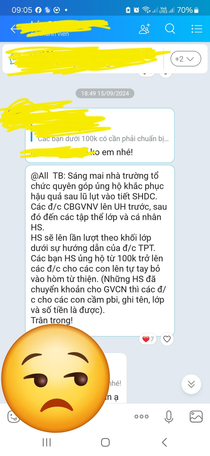 Xôn xao 1 trường học bị tố mời các em ủng hộ đồng bào lũ lụt từ 100.000 đi lên bỏ vào hòm quyên góp, dưới 100.000 thì không cần- Ảnh 1.