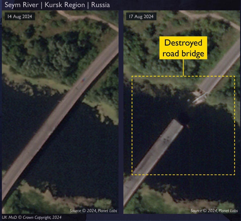 Ảnh vệ tinh các cây cầu của Nga ở Kursk bị Ukraine không kích phá hủy- Ảnh 1.