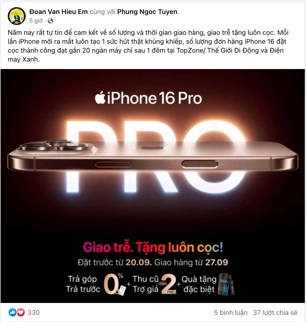 Một mẫu iPhone 16 cháy hàng tại Việt Nam: Sếp một chuỗi đại lý tuyên bố giao trễ tặng luôn cọc, gần 20.000 máy được chốt đơn chỉ trong 1 đêm!- Ảnh 2.