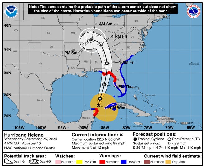 The National Hurricane Center's forecast track for Hurricane Helene as of 5 p.m. Wednesday, Sept. 25, 2024.