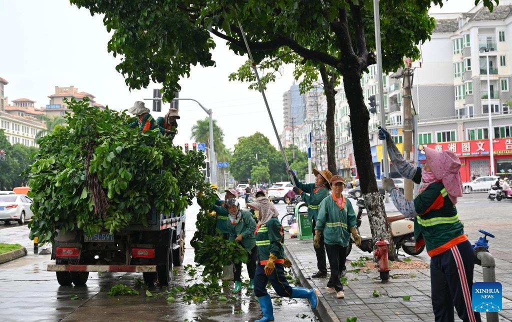 Workers cut redundant branches of trees ahead of the landfall of typhoon Yagi in Haikou, south China's Hainan Province, Sept. 5, 2024. The State Flood Control and Drought Relief Headquarters raised its emergency response for flood and typhoon prevention from level III to level II in Guangdong and Hainan provinces at 3 p.m. Thursday, as typhoon Yagi approaches. Yagi is expected to make landfall on Friday afternoon or evening somewhere between the city of Qionghai in Hainan and Maoming City in Guangdong. (Xinhua/Guo Cheng)