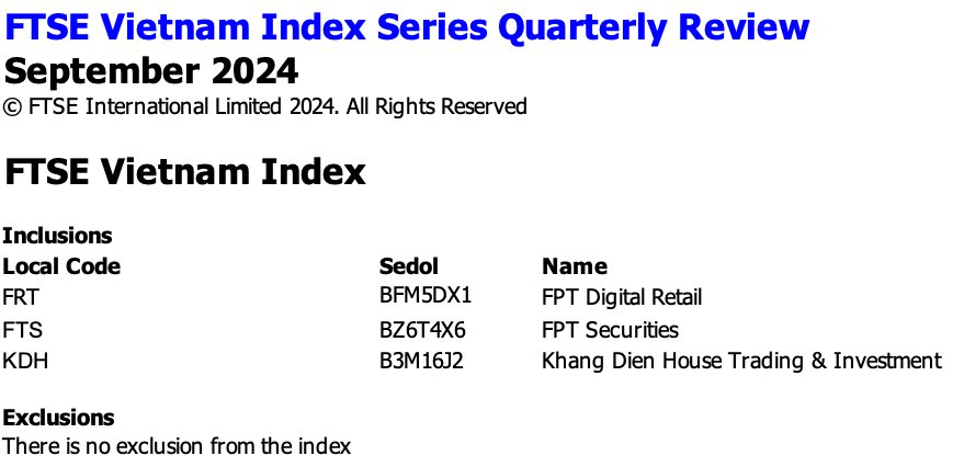 Hai cổ phiếu "họ" FPT cùng 1 mã bất động sản chính thức chính thức lọt rổ FTSE Vietnam ETF trong kỳ cơ cấu tháng 9- Ảnh 1.