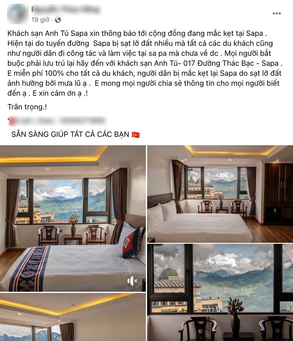 Nhiều cơ sở lưu trú ở Sa Pa miễn phí cho người dân và du khách bị kẹt lại do mưa bão, sạt lở- Ảnh 2.