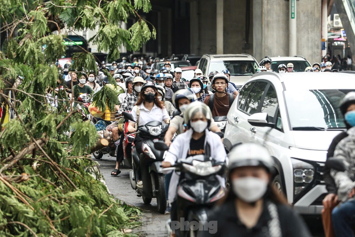 Đường phố Hà Nội vẫn ngổn ngang cây đổ, người dân 'vượt ải' ùn tắc đến công sở- Ảnh 8.