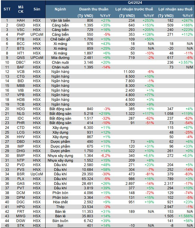 CTCK ước tính KQKD quý 4/2024 của 45 doanh nghiệp lớn, tên tuổi nào được dự báo "vô địch" tăng trưởng lợi nhuận?- Ảnh 1.