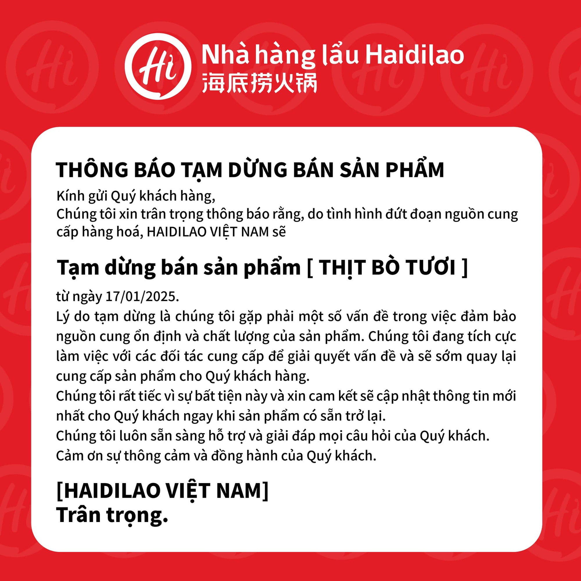 Haidilao bất ngờ thông báo tạm dừng bán thịt bò tươi, thực khách hốt hoảng hiểu nhầm- Ảnh 1.