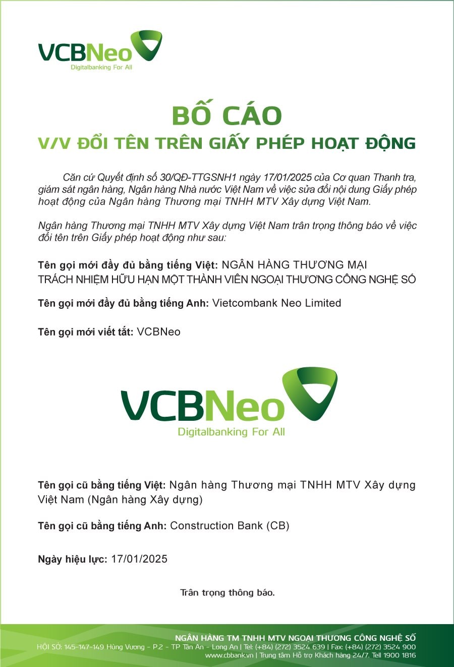 Ngân hàng Xây Dựng (CB) đổi tên thành VCBNeo sau khi chuyển giao về Vietcombank- Ảnh 2.