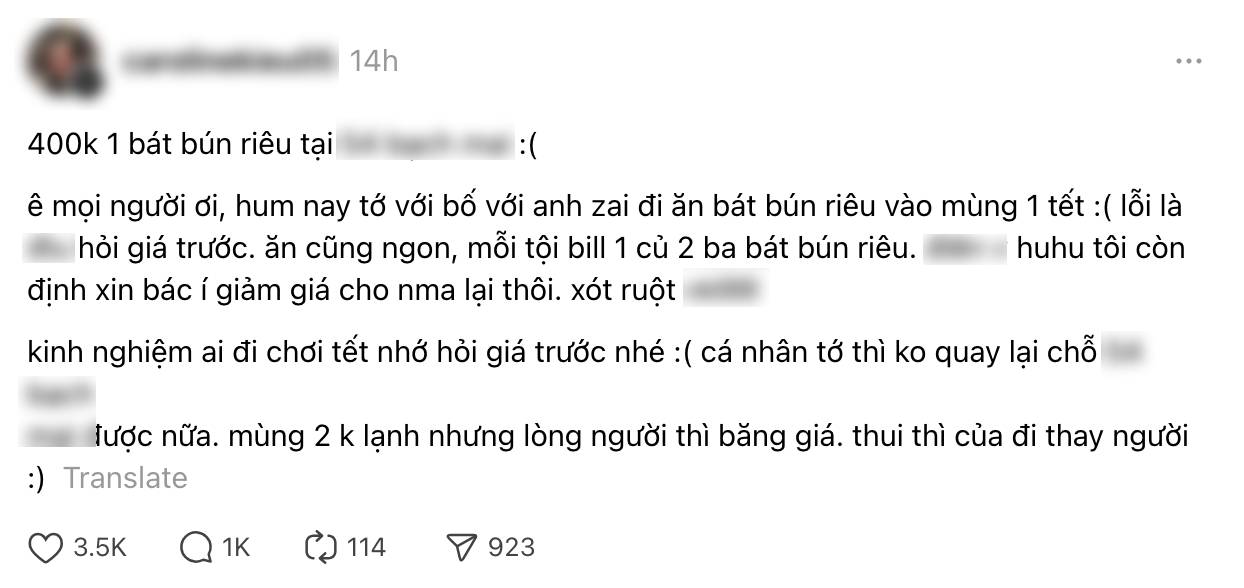 Bát bún riêu 400k ngày Tết khiến dân mạng 