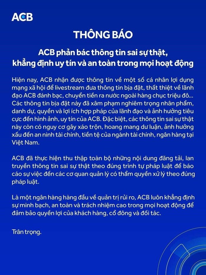 ACB bác thông tin lãnh đạo ngân hàng đánh bạc, chuyển tiền ra nước ngoài- Ảnh 2.