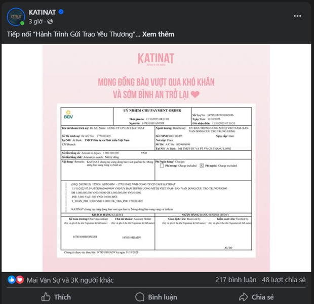 Số tiền Katinat quyên góp đang gây bão tương tác- Ảnh 1. Số tiền Katinat quyên góp đang gây bão tương tác- Ảnh 1.