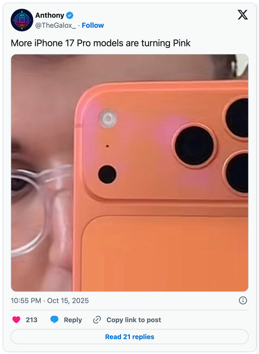 Kỳ lạ chiếc iPhone 17 Pro Max Cam Vũ Trụ bỗng đổi sang màu hồng đỏ- Ảnh 4. Kỳ lạ chiếc iPhone 17 Pro Max Cam Vũ Trụ bỗng đổi sang màu hồng đỏ- Ảnh 4.