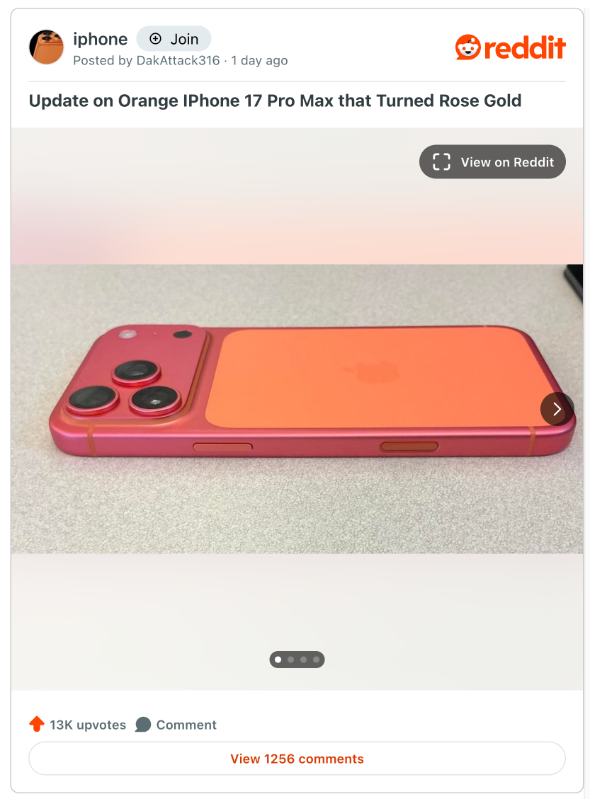 Kỳ lạ chiếc iPhone 17 Pro Max Cam Vũ Trụ bỗng đổi sang màu hồng đỏ- Ảnh 1. Kỳ lạ chiếc iPhone 17 Pro Max Cam Vũ Trụ bỗng đổi sang màu hồng đỏ- Ảnh 1.