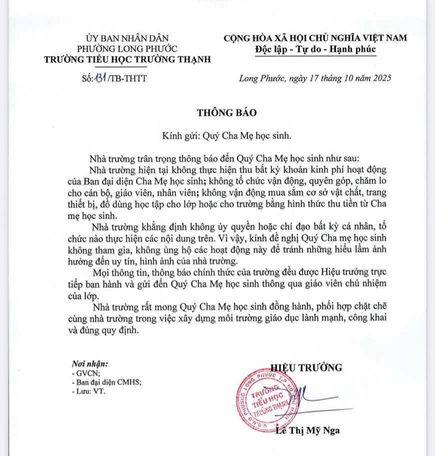 Trường học ở TP HCM ra thông báo "lạ" của sau khi phụ huynh vận động thu sai quy định- Ảnh 1. Trường học ở TP HCM ra thông báo "lạ" của sau khi phụ huynh vận động thu sai quy định- Ảnh 1.