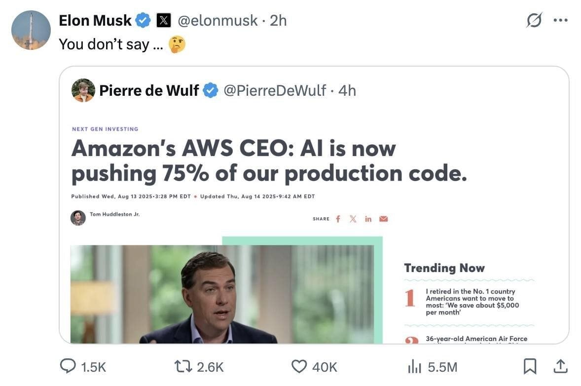Elon Musk chê Amazon dùng AI gõ code nên bị sập: Xu thế làm việc 'Vibing' bộc lộ điểm yếu chí mạng, làm phai mờ giá trị của kỹ năng, tư duy và kỷ luật- Ảnh 2. Elon Musk chê Amazon dùng AI gõ code nên bị sập: Xu thế làm việc 'Vibing' bộc lộ điểm yếu chí mạng, làm phai mờ giá trị của kỹ năng, tư duy và kỷ luật- Ảnh 2.