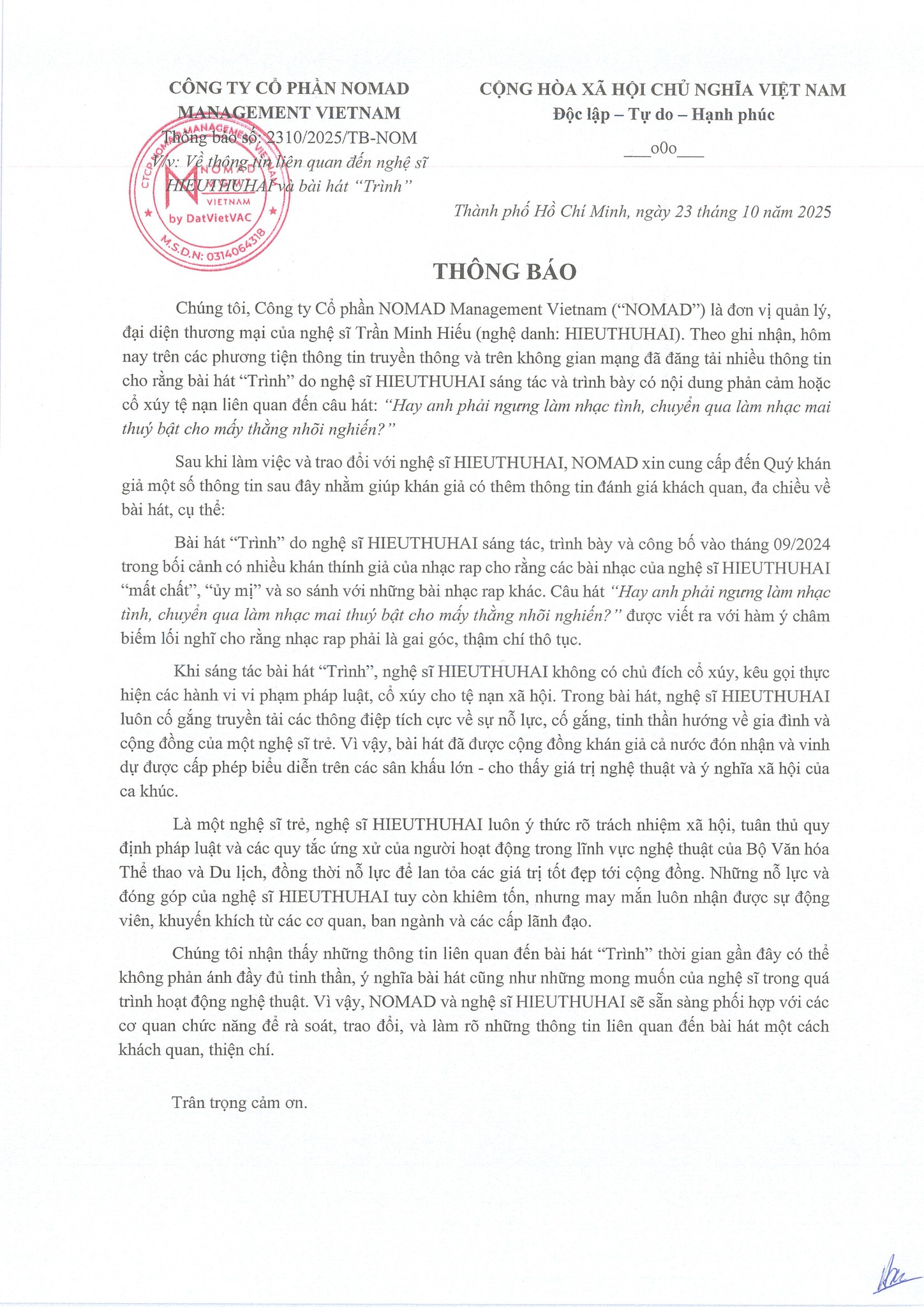HIEUTHUHAI sẵn sàng phối hợp với các cơ quan chức năng để rà soát bài hát Trình