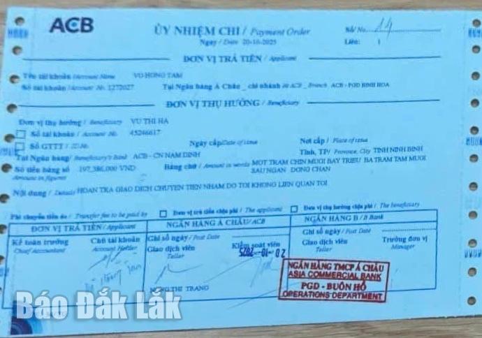 Chủ tài khoản ACB chuyển khoản thành công 193 triệu đồng nhưng không liên lạc được người nhận: Công an xã nhanh chóng vào cuộc- Ảnh 1.