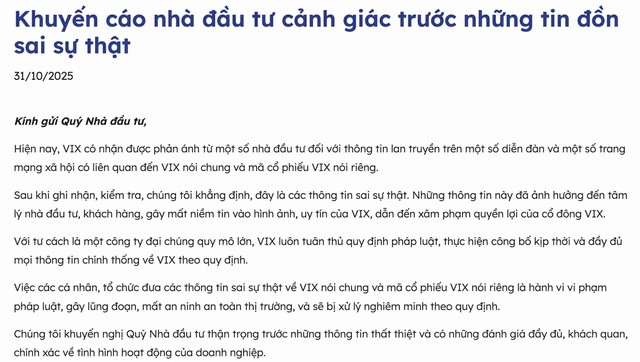 Chứng khoán VIX lên tiếng về tin đồn thất thiệt lan truyền trên mạng xã hội- Ảnh 1. Chứng khoán VIX lên tiếng về tin đồn thất thiệt lan truyền trên mạng xã hội- Ảnh 1.
