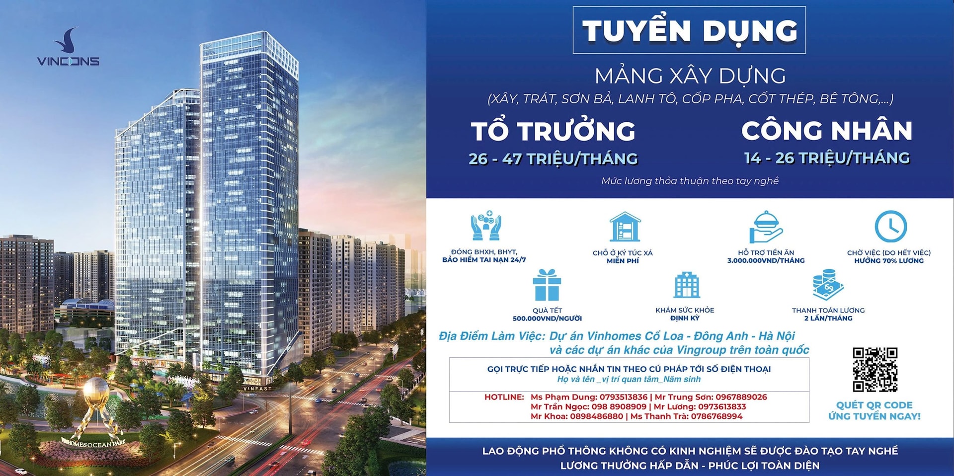 Nhà thầu xây dựng của Vingroup tuyển 5 vạn công nhân xây, trát, sơn bả…, lương lên tới 47 triệu/tháng, ăn ở miễn phí- Ảnh 1. Nhà thầu xây dựng của Vingroup tuyển 5 vạn công nhân xây, trát, sơn bả…, lương lên tới 47 triệu/tháng, ăn ở miễn phí- Ảnh 1.