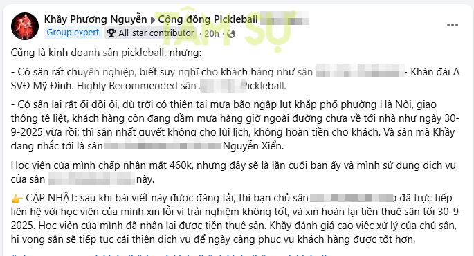 Hà Nội ngập trong mưa nhưng chủ sân pickleball không cho khách hủy lịch: Chuyện vô lý hay “quy tắc” kinh doanh?- Ảnh 3.
