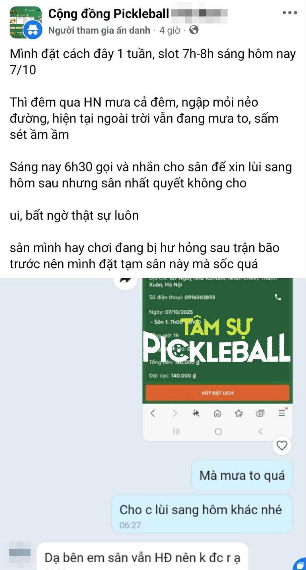 Hà Nội ngập trong mưa nhưng chủ sân pickleball không cho khách hủy lịch: Chuyện vô lý hay “quy tắc” kinh doanh?- Ảnh 1.