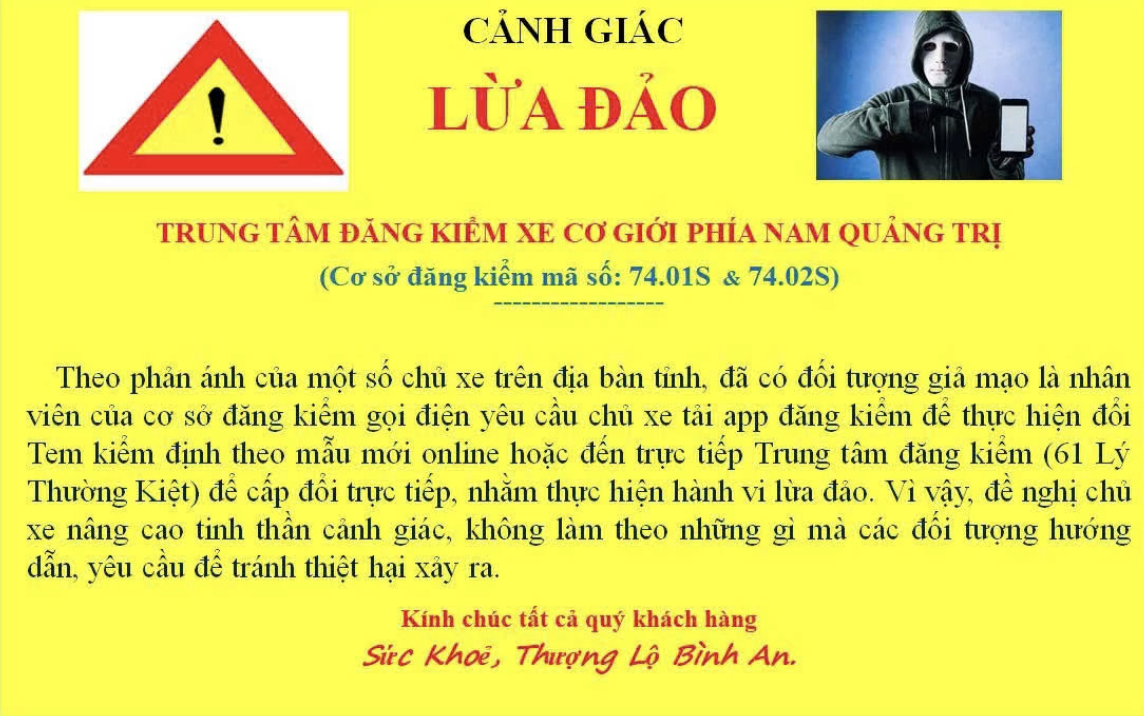 Quảng Trị cảnh báo lừa đảo đổi tem kiểm định ô tô qua điện thoại- Ảnh 1. Quảng Trị cảnh báo lừa đảo đổi tem kiểm định ô tô qua điện thoại- Ảnh 1.